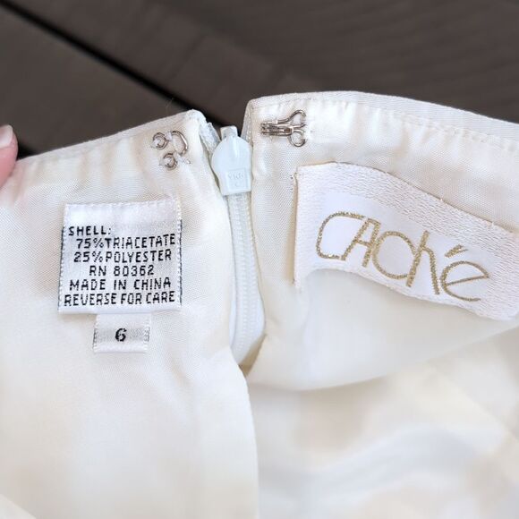 Cache 90s Ivory Mini Halter Cocktail Dress Plunge Gold Beaded Neckline Sz 6 - Picture 6 of 16